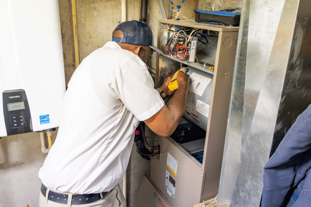 Wisler heating technician repairing a furnance.