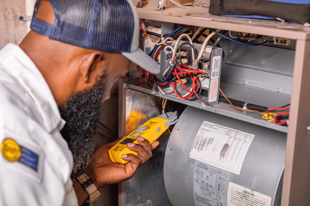 Wisler heating technician running a furnace diagnostic.